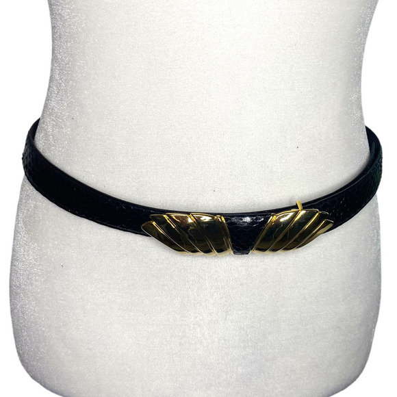Milor Vintage 80s Black Genuine Snakeskin Womens belt M/L Goldtone hardware - Picture 1 of 9